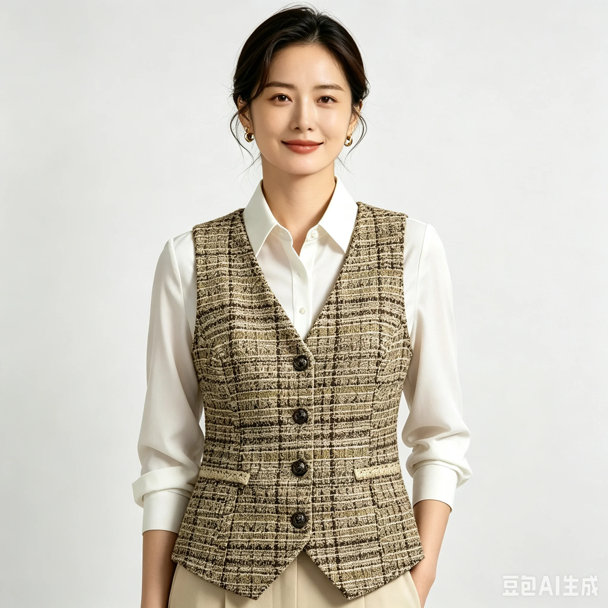 Old Money Cottagecore Tweed Vest V Neck Metal Buttons Double Pocket Slim Fitted Sleeveless Women Vintage Layering Waistcoat