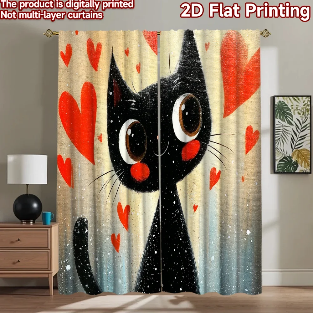 2D flat printing 2pcs Party Curtains Cute Black Cat Hearts Digital Printed Polyester Drapes Holiday Decorations Perfect for