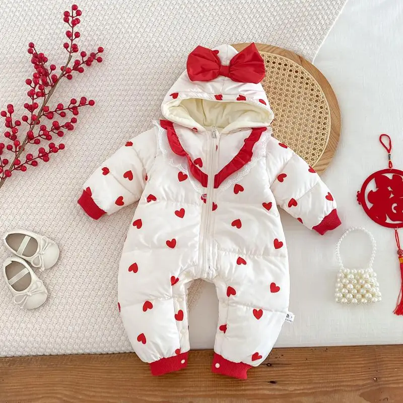 

2024 Winter Newborn Baby Thicken Warm Romper Infant Girls Love Jumpsuit Toddler Baby Girl New Year Red Romper Children Clothes