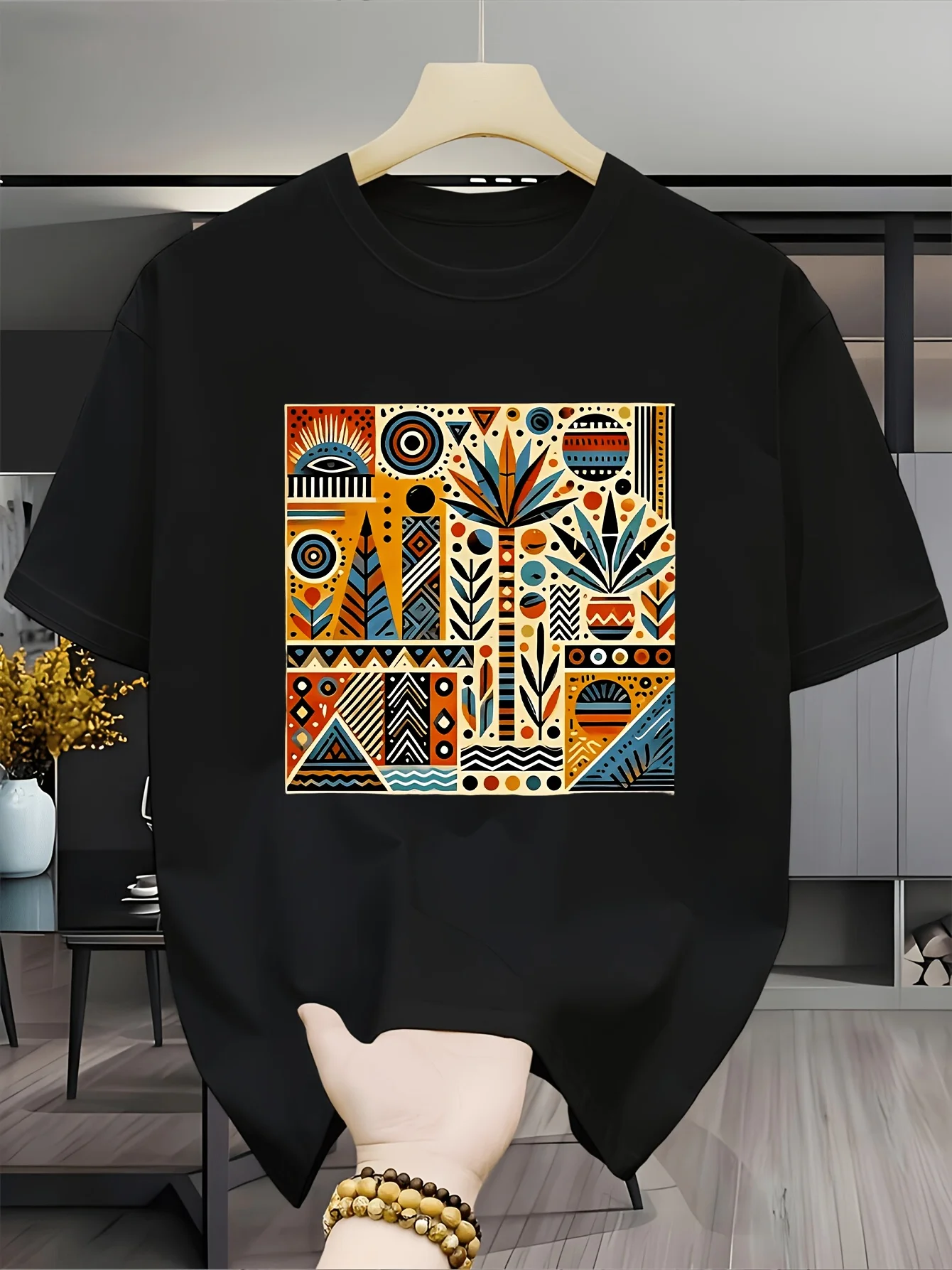 Retro Geometric Pattern T-Shirt, Abstract Art Graphic Tee, Trendy Aesthetic Summer Top for Women Men, Vintage Style Casual Shirt
