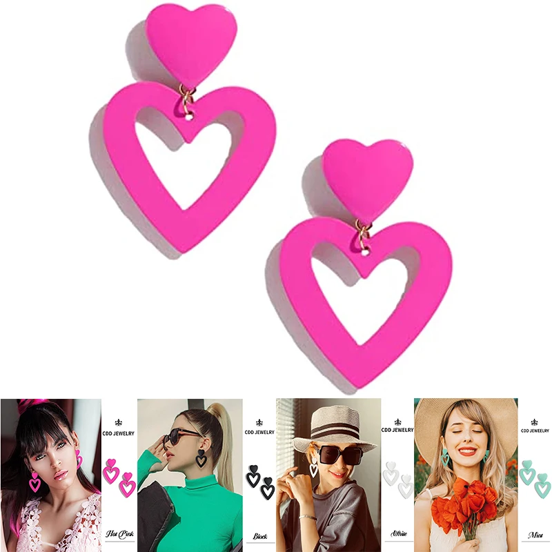 Double Pink Heart Earrings Dangling Conversation Heart Earrings Cute for Women Love Shaped Dangle Drop Women White Black Green