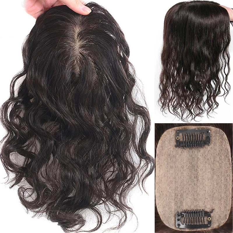 Clipe Marrom Longo Top De Seda Para Mulheres, Ondulado Europeu, Topper De Cabelo Humano Virgem, Pedaço De Cabelo Respirável, Base De Cabelo Afinando