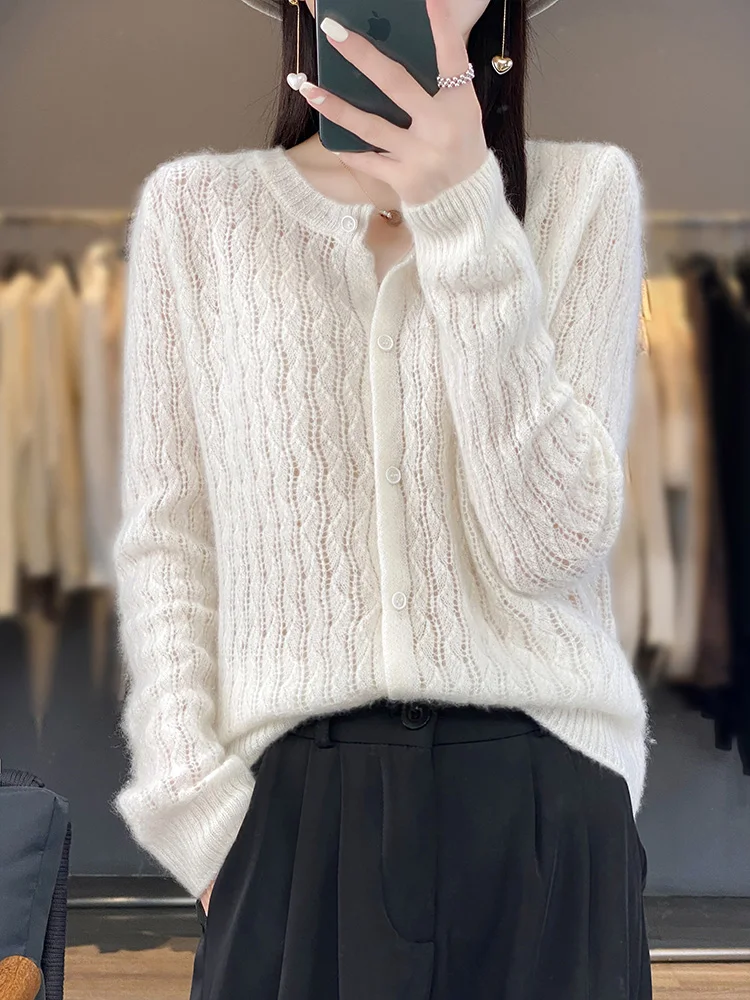100% Merino Wool Spring Summer Women Sweater O-neck  Long Sleeve Cardigan Hollow Out Soft Knitwear Korean Fashion Women Clothing