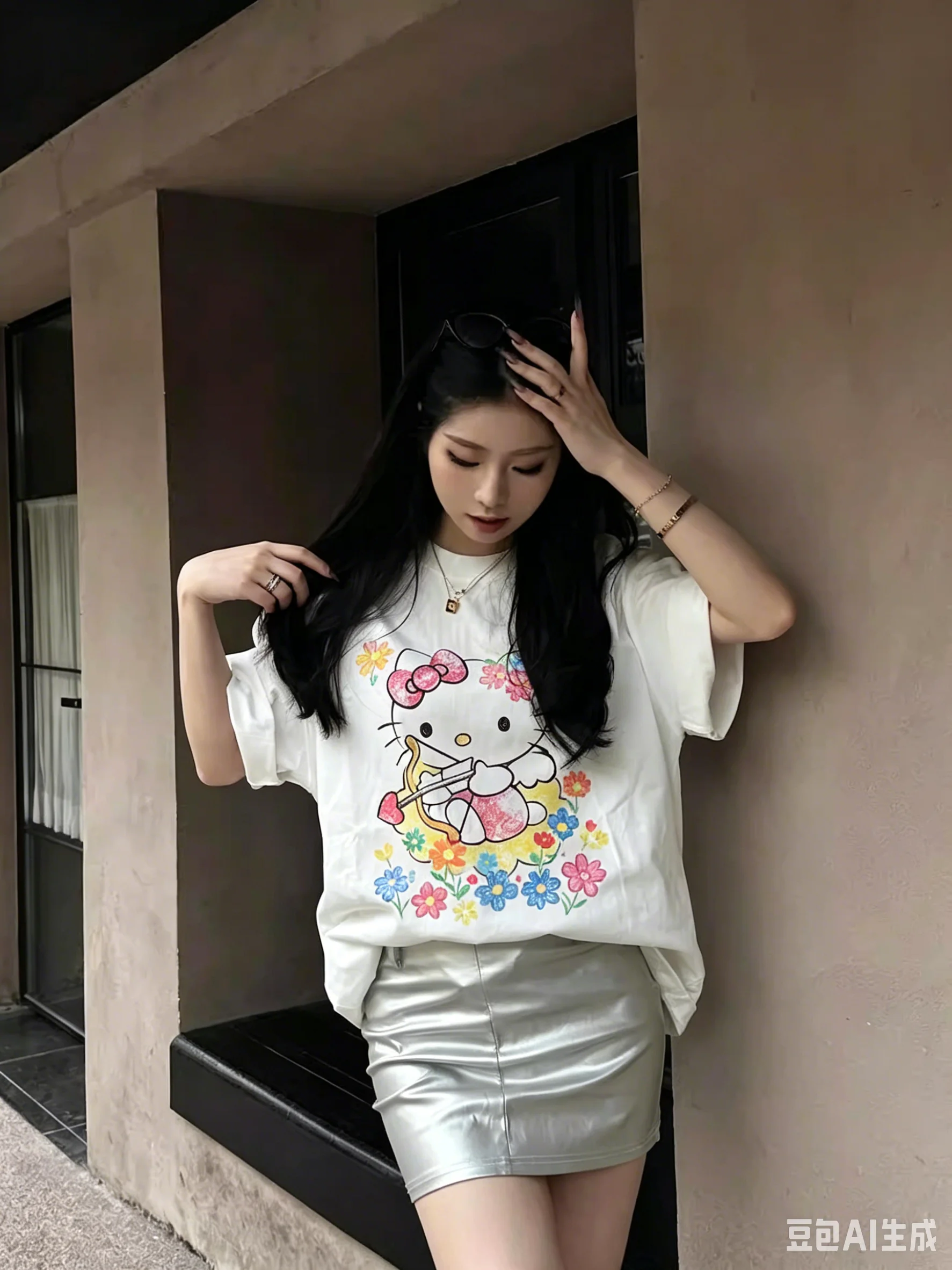 

2026 New Style Short-Sleeved Men's and Women's T-shirt Summer Loose Top Children's Family Clothing White Hello Kitty
