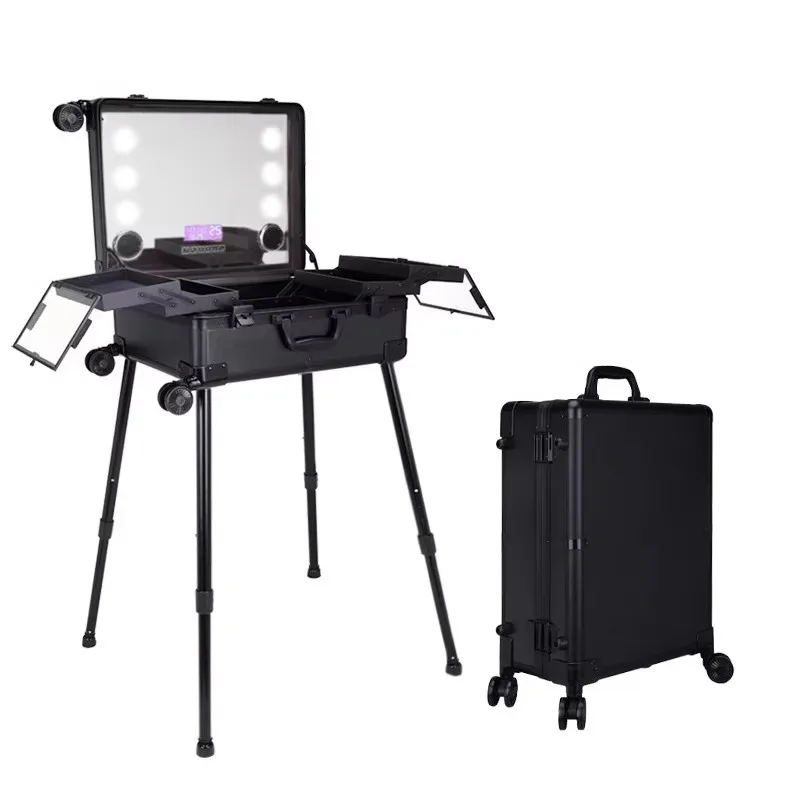 Black Professional Rolling Makeup Case for Artists, Travel Cosmetic Trolley, Beauty Train Case With Fireboard