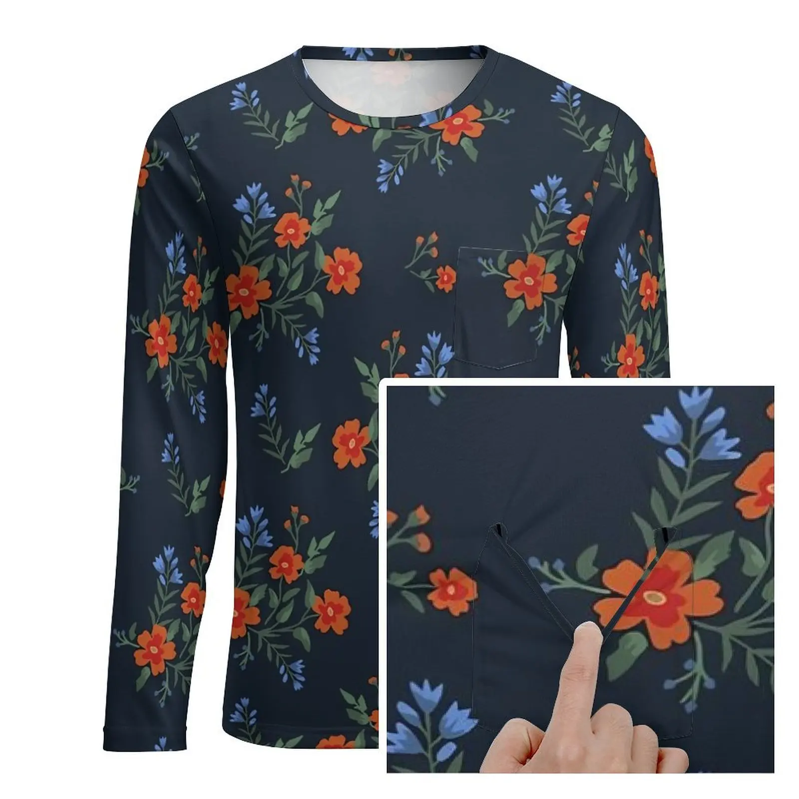 Ditsy Floral T Shirt Red Flowers Print Cool T-Shirts With Pocket Long Sleeve Design Tshirt Autumn Streetwear Oversized Tees