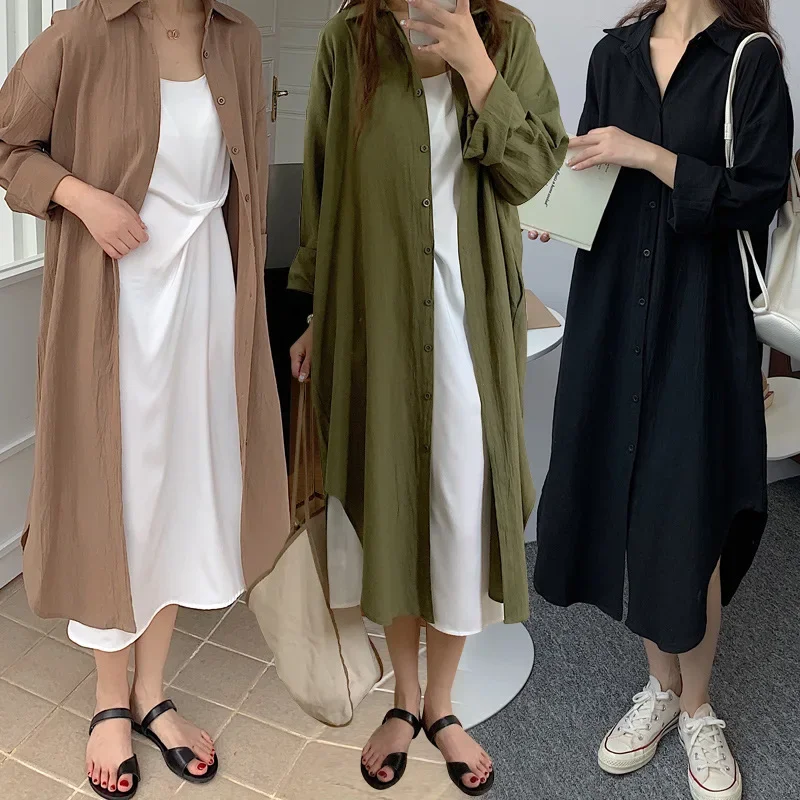 TFETTERS-Long Shirt Dresses for Women Casual Loose Long Sleeve Shirt X-Long Knee-Length Button Up Coat Korean Fashion clothes