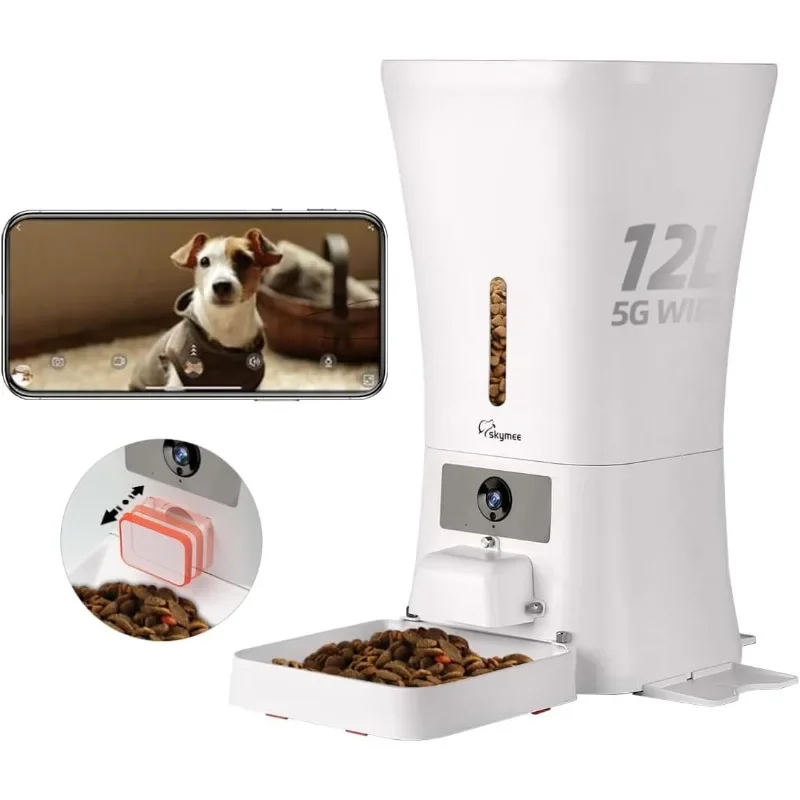 

SKYMEE 12L Smart Automatic Dog Feeder with Camera, 5G WiFi Automatic Cat Feeders Food Dispenser 1080P Full HD Pet Camera