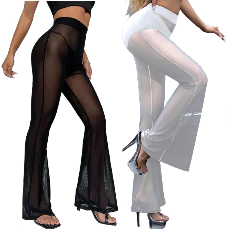 Sexy Pants Women High Waist Sheer Mesh Flare Pants See Through Bell Bottom Long Pants Club Party Nightwear Mesh Trousers