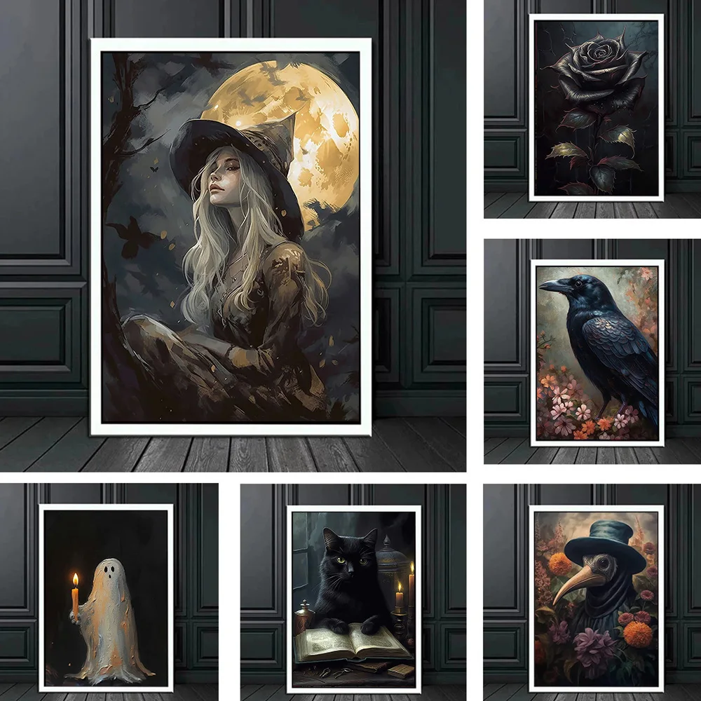 Dark Academy Art Wall Poster Victoria Crow Witch Ghost Halloween Background Decoration Gothic Image Printing Canvas Painting