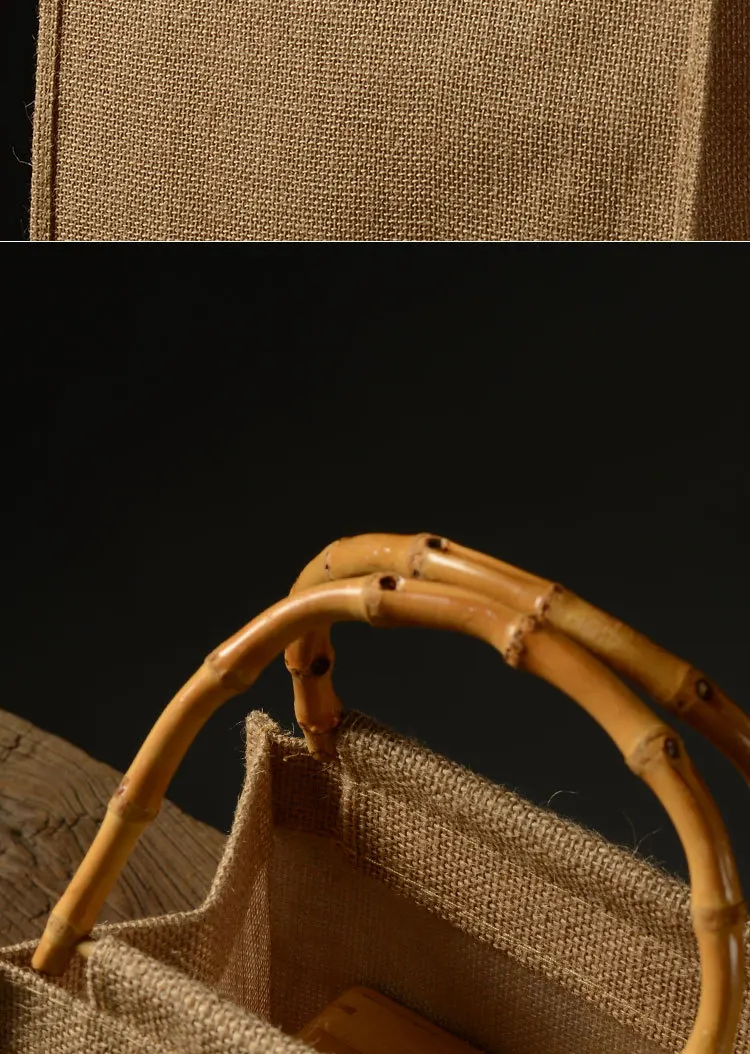 Portable Burlap Jute Shopping Handbag Bamboo Loop DIY Linen Hand Drawn Cotton Sacks Reusable Tote Grocery Bags for Women Girls