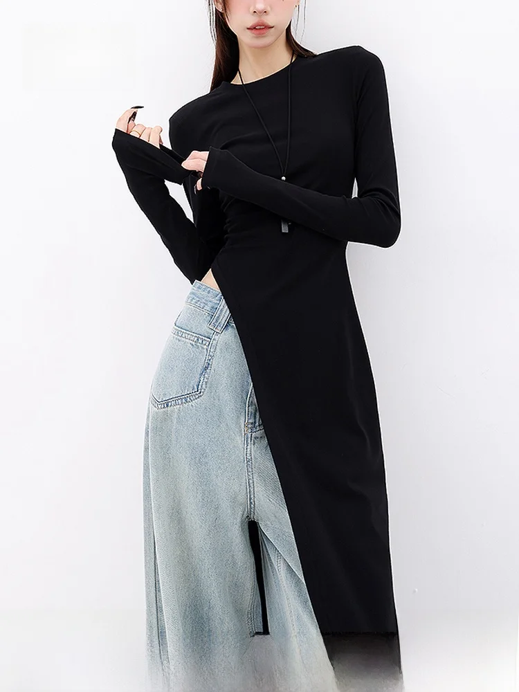 

Bla Long Sve Slim Fit round Ne T-irt Women's Spicy Base irt Mid-Length Top Irregular Design Split Commute Sle