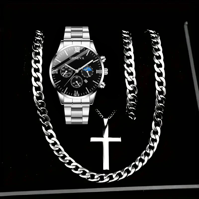 4pcs men's watch handsome steel strap quartz watch with necklace bracelet set suitable for daily wear and holiday gifts
