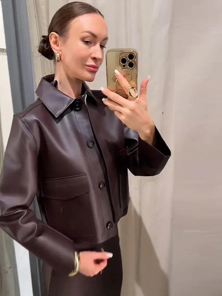 

Women's Retro Style Leather Jacket Autumn Suit Collar Casual Pockets Short Outerwears Long Sleeve Solid Female Jackets