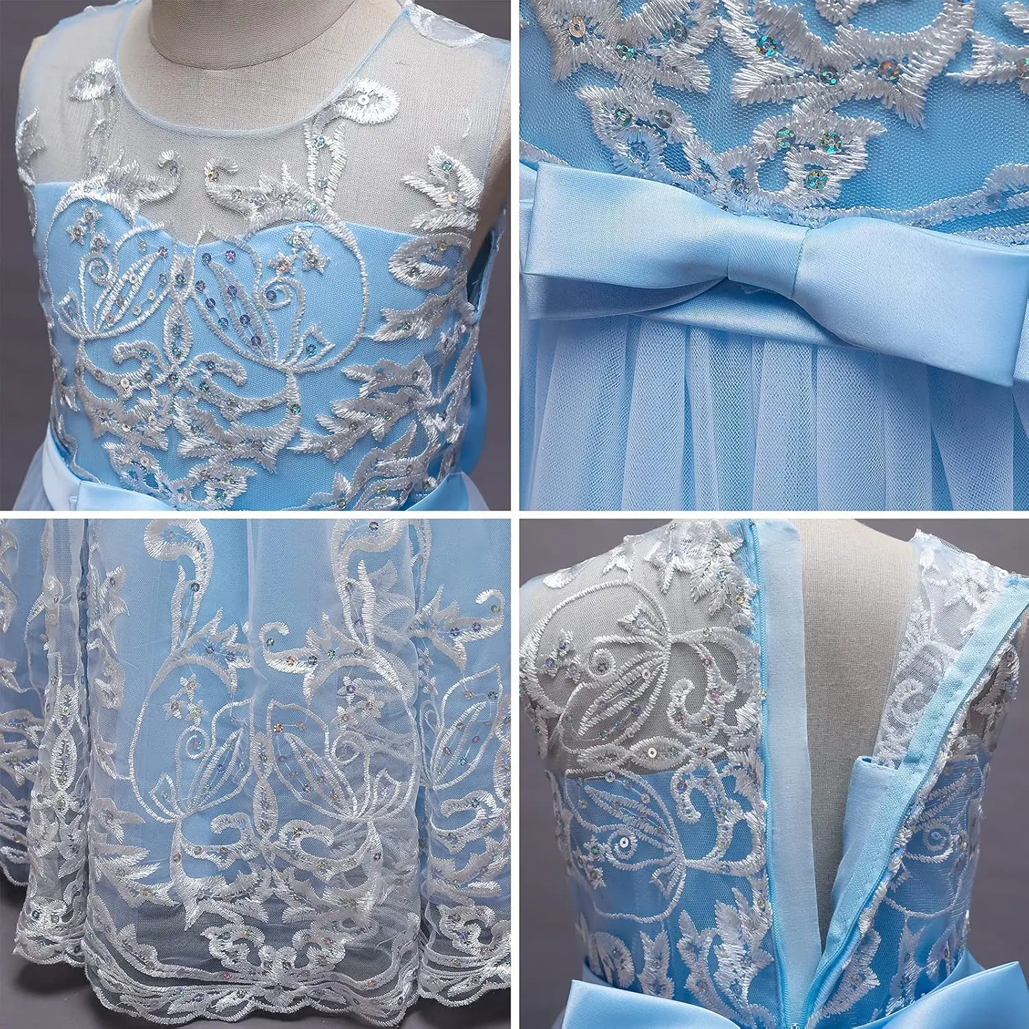 Sukienka dla dziewczynki z niebieską koronką na plecach, dużą kokardą i kwiatami, na przyjęcie urodzinowe, taniec, wieczór z okazji ukończenia szkoły, komunię, elegancka sukienka wizytowa.