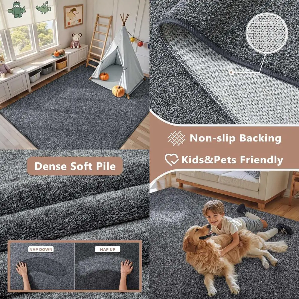 

4x6 Grey Washable Rug for Bedroom and Living Room, Low Pile, Non-Slip Indoor Decor