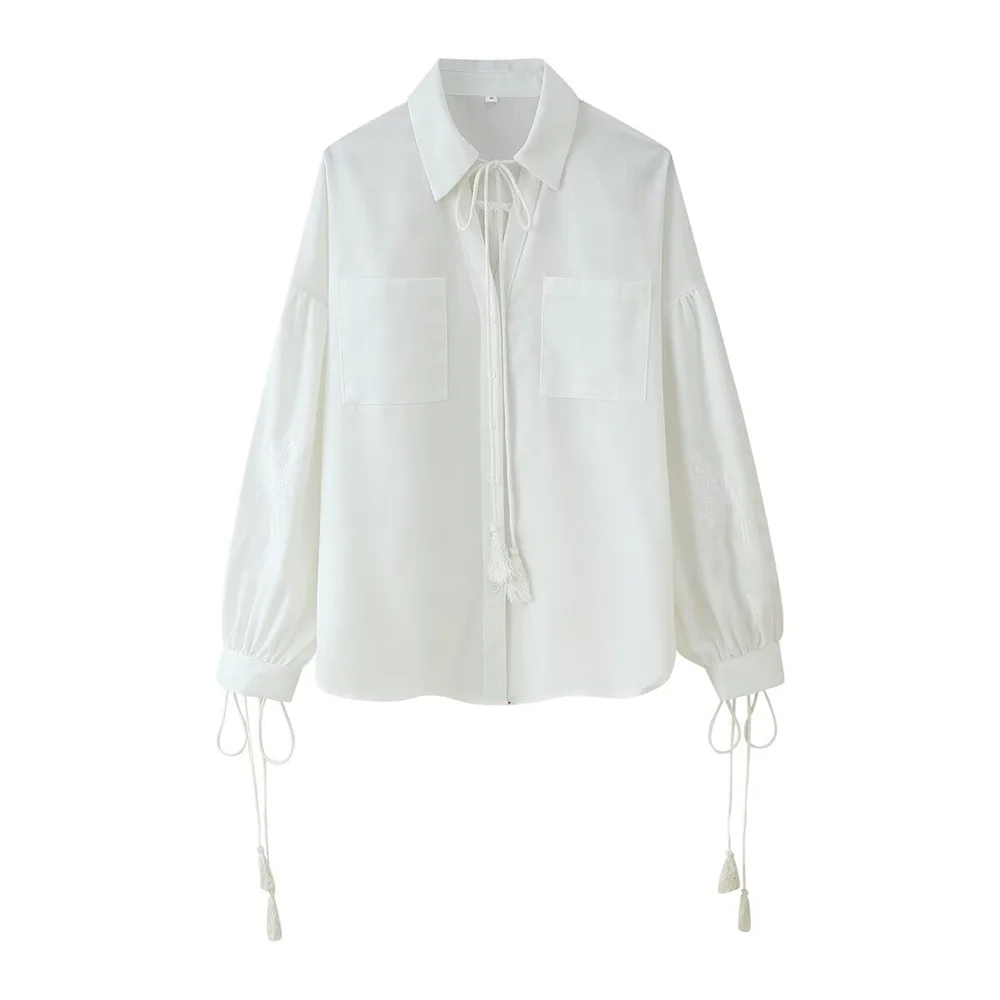 レディース綿麻タッセルレースアップ刺繍シャツ、刺繍カジュアルパンツ、万能