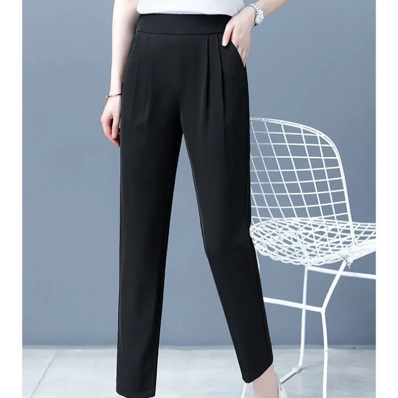 

Spring and Autumn Women's Solid High Waist Slim Halun Pants Elastic Pockets Fashion and Casual Formal Commuter Trousers