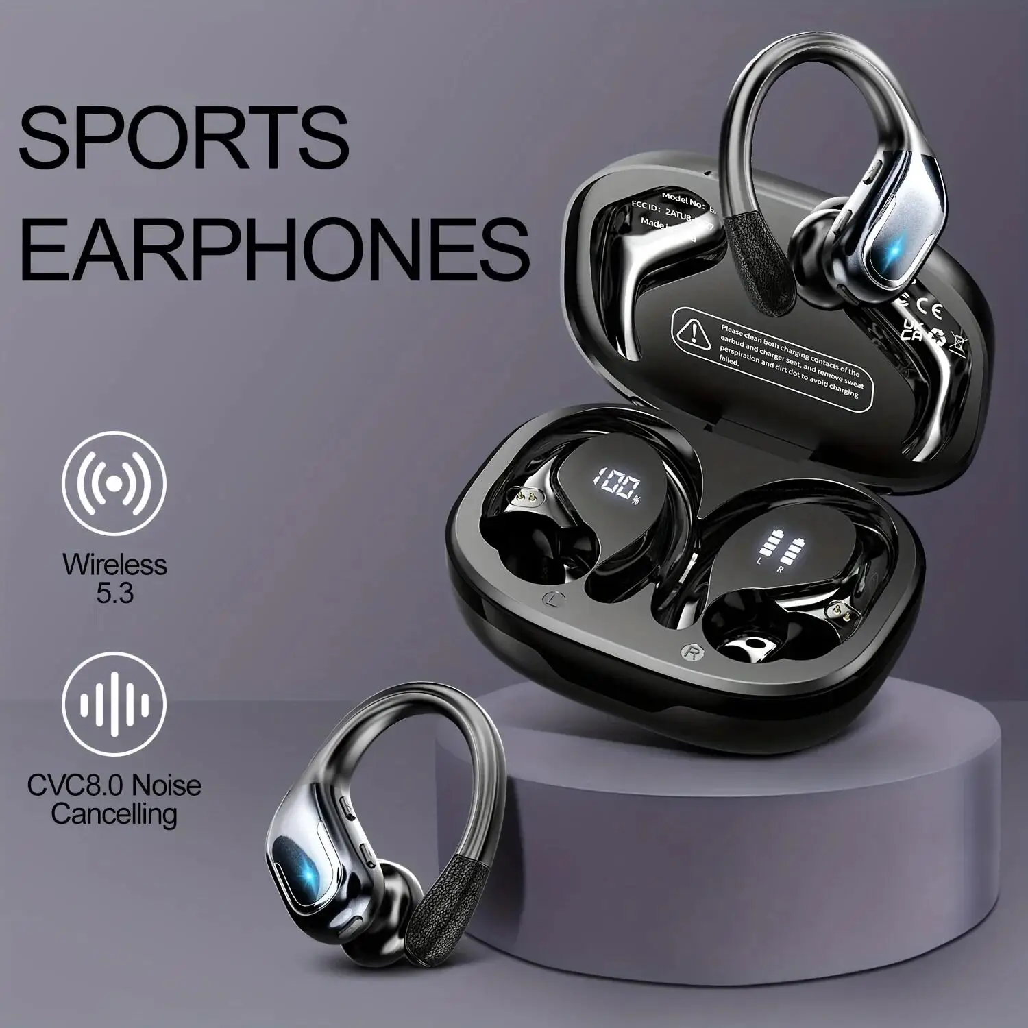 

2026 Wireless Ear-Hook Bluetooth Earbuds, Noise Cancelling Earphones, Stereo IPX5 Waterproof Earsets For Sports Gaming Music
