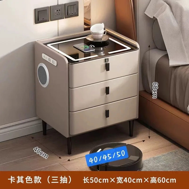 Solid wood smart bedside table multi-function wireless charging audio fingerprint lock modern bedroom simple storage locker