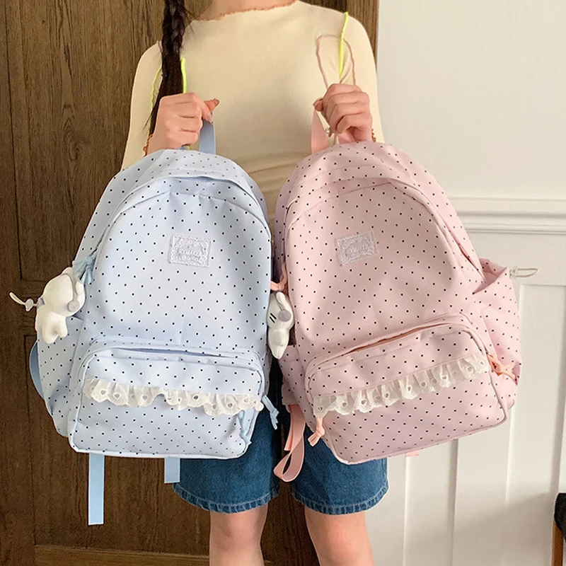 Modischer Rucksack, Damen-Schulrucksack mit Polka-Dot-Muster, süßer Spitzenbesatz, koreanischer leichter Schulrucksack mit großer Kapazität für Mädchen und Studenten – Detail 18