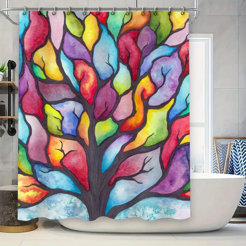 Cortina de ducha de árbol de colores brillantes, decoración de tela impermeable para baño, patrón Floral de acuarela en varios colores (Mul