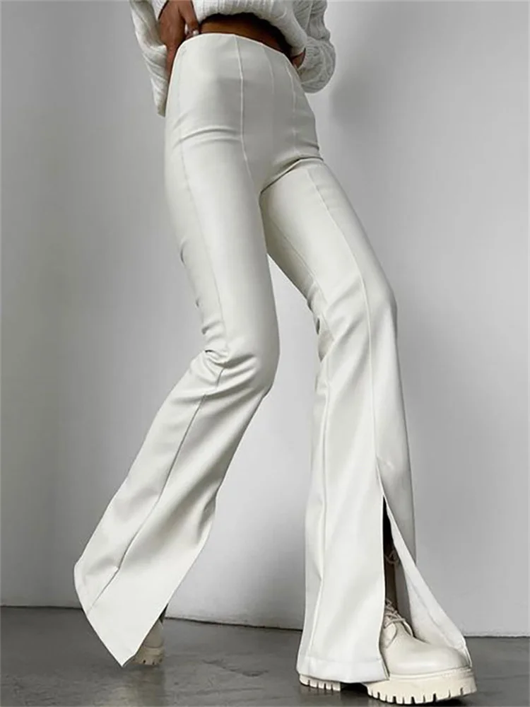 Tossy 2023 New PU Leather Spilt Out Flared Pants Casual White Slim High Waist Trousers Wide Leg Pants For Women Spring