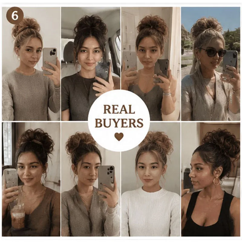 Messy Bun Haarverlängerung, gelocktes Haargummi-Haarteil für Frauen, natürliches, flauschiges Volumen, Pferdeschwanz, Hochsteckfrisur, Boho-Accessoire für den Alltag. – Detail 6