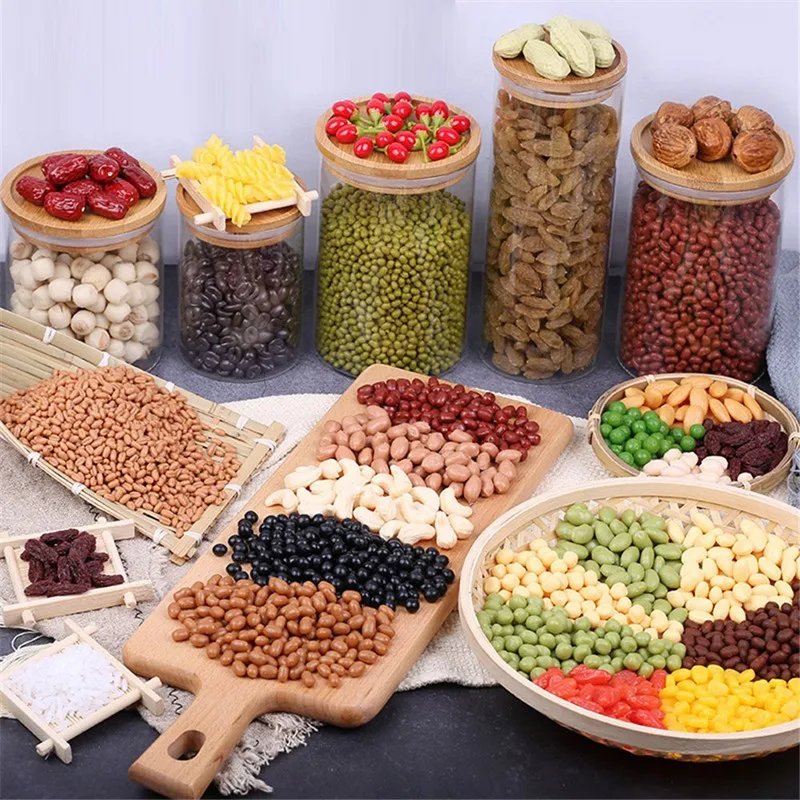Accesorios de comida de simulación, semilla de loto artificial, anacardos, frijoles de arroz de trigo y pasas, modelo de maíz de maní y grosella de fechas rojas, 200 g