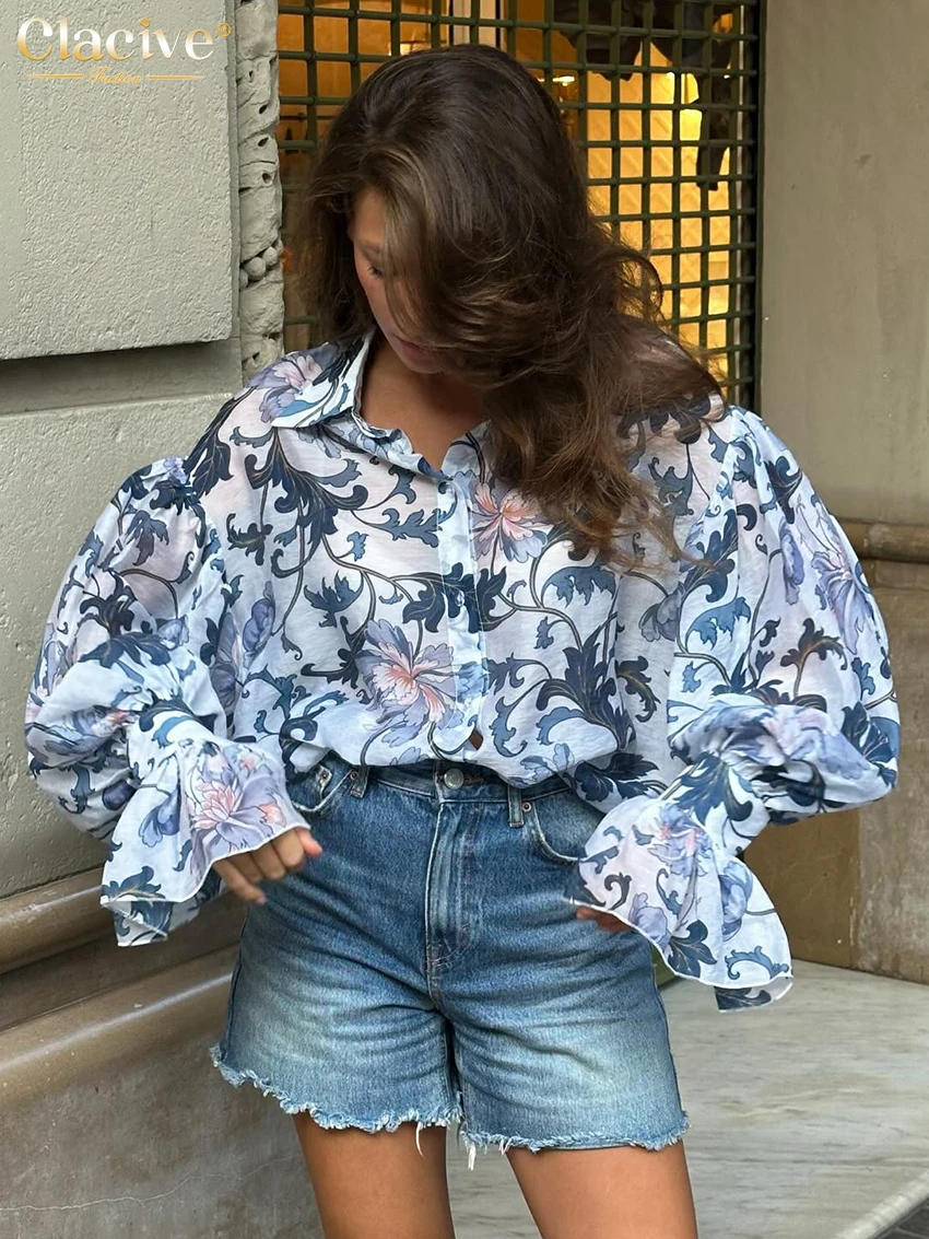 Clacive moda solta impressão camisa feminina 2025 casual lapela manga longa blusa senhoras elegante clássico topo roupas femininas