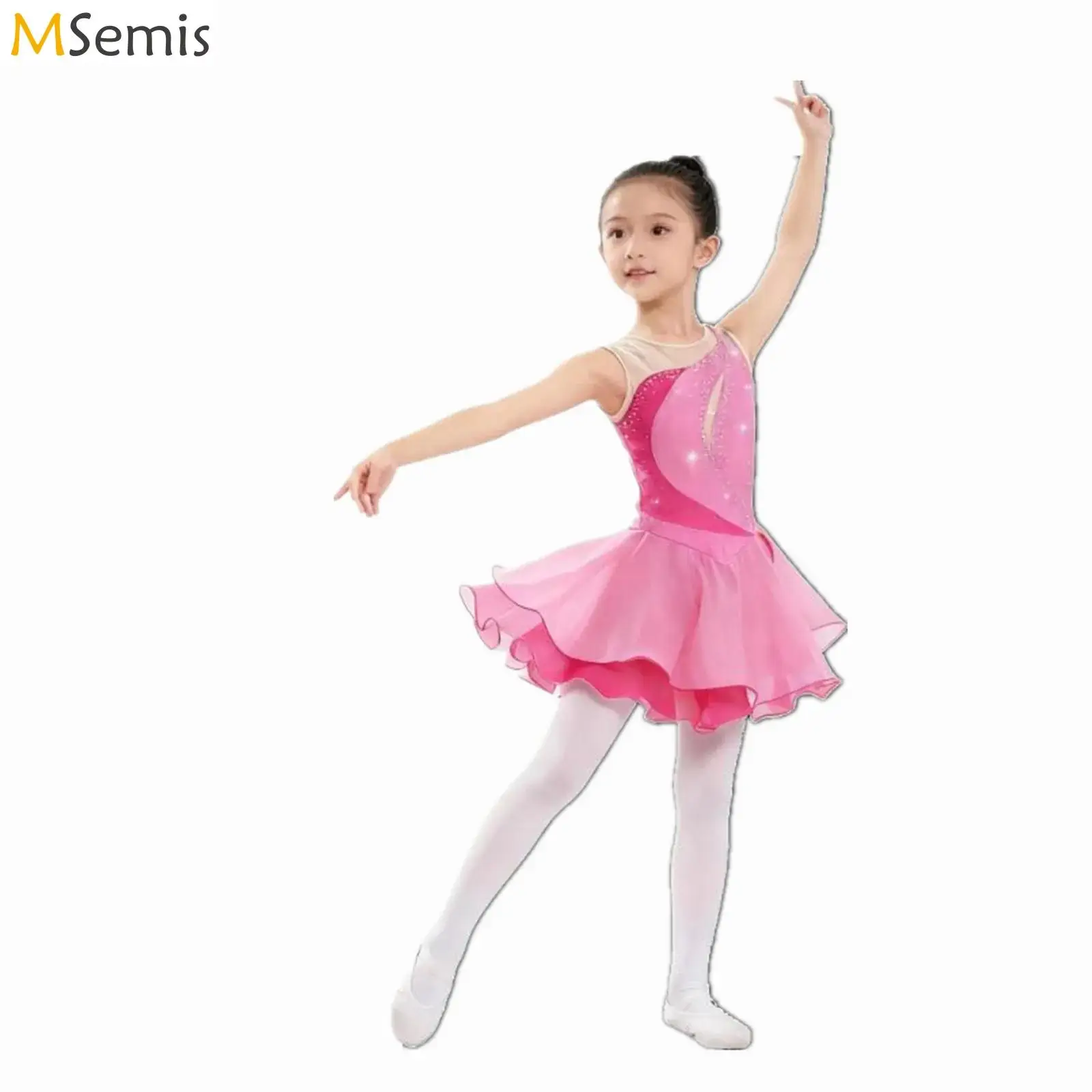 Kinder Mädchen Rüschen Eiskunstlauf Tanzkleid Gymnastik Ballett Lyrical Trikots Kleid Rundkragen Glänzende Strass Kleider