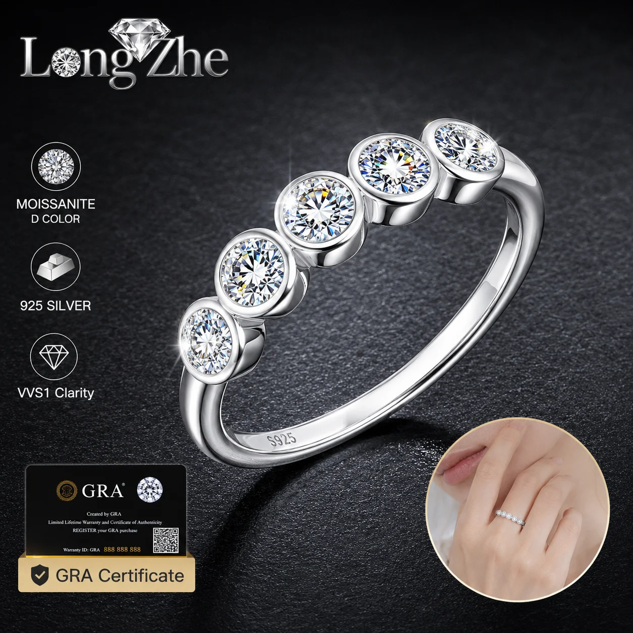 

S925 Sterling Silver Moissanite Five Stone Ring Round Cut Bezel Set Stackable Wedding Anniversary Fine Jewelry Gift for Women