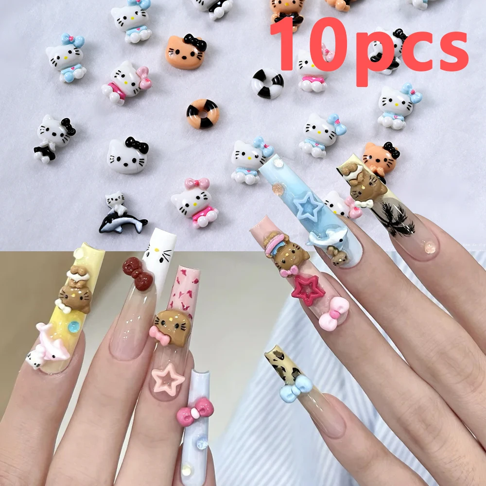 10pcs Blue/pink/black Hello Kitty Nail Decorations Swimming Ring Dolphin Cartoon Resin Nail Charms DIY Phone Cases Handmade Deco