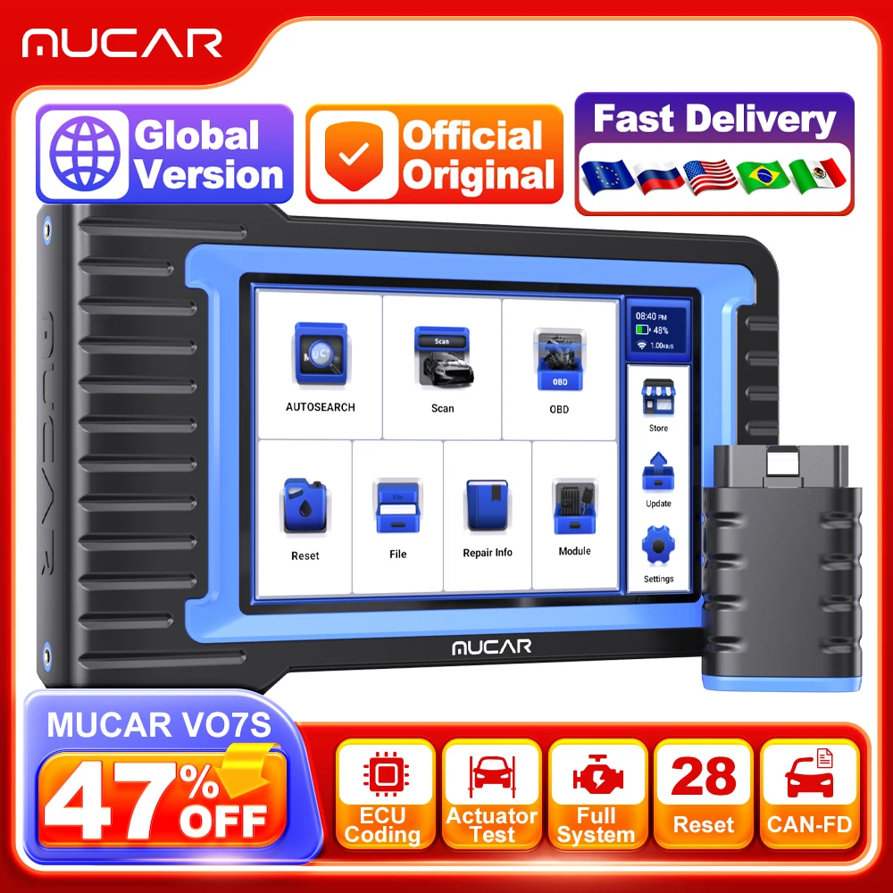 MUCAR VO7 VO7S Car Auto Diagnostic Tools DPF IMMO 28 Reset Full System Free Update 3 Years ECU Coding Active Test OBD2 Scanner