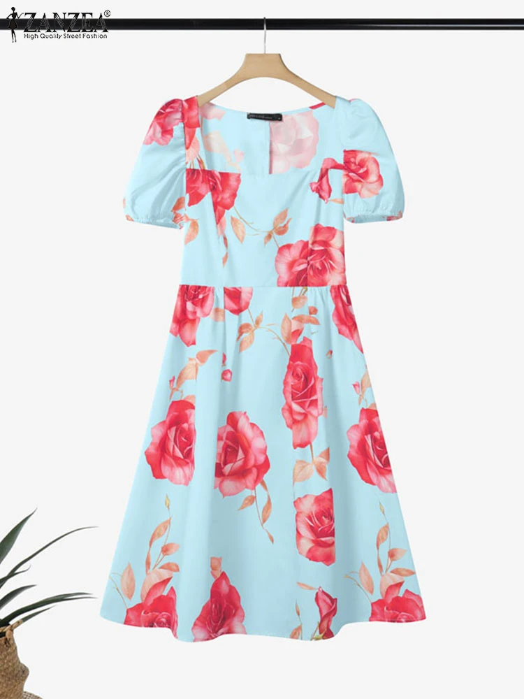 ZANZEA Bohemian Dress Summer Women Vintage Party Floral Vestidos 2025 Puff Sleeve Robe A-Line Square Collar Mid-Calf Sundress