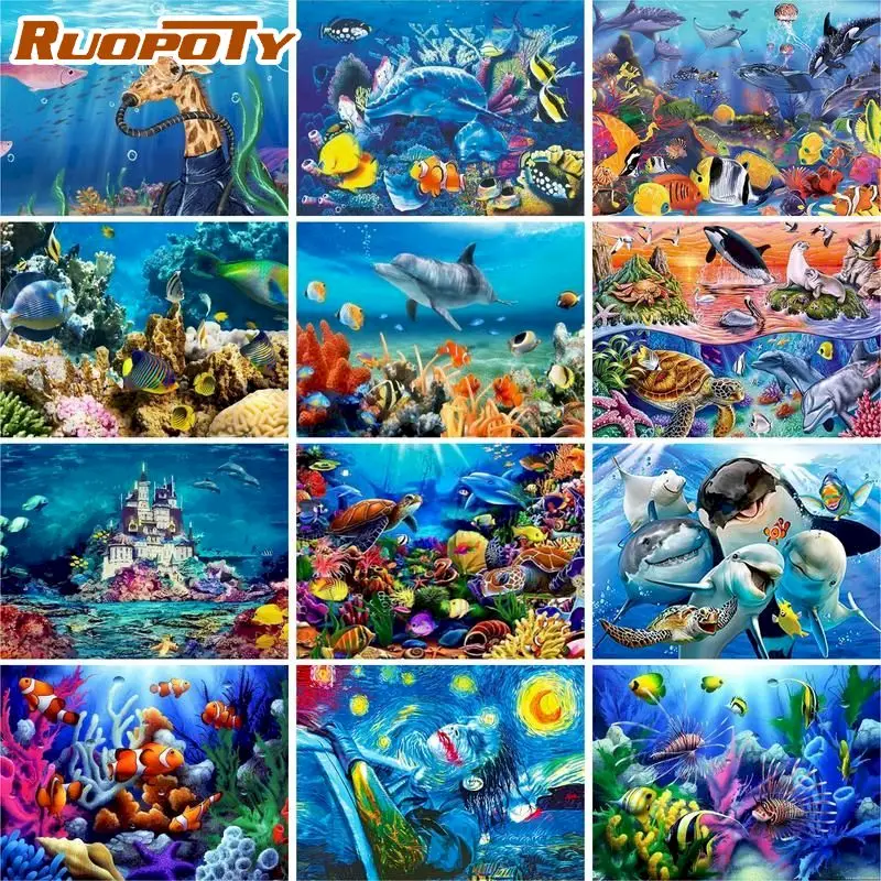 

RUOPOTY Painting By Numbers Kits For Adults Ocean Dolphin Animal Picture By Number HandPainted Unique Gift Home Decor Photos