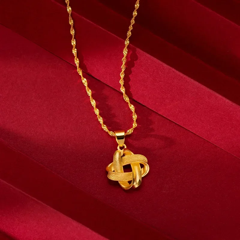 9999 Real Gold 24K Gold Woman Knot Pendant Clover Chinese Knot Necklace