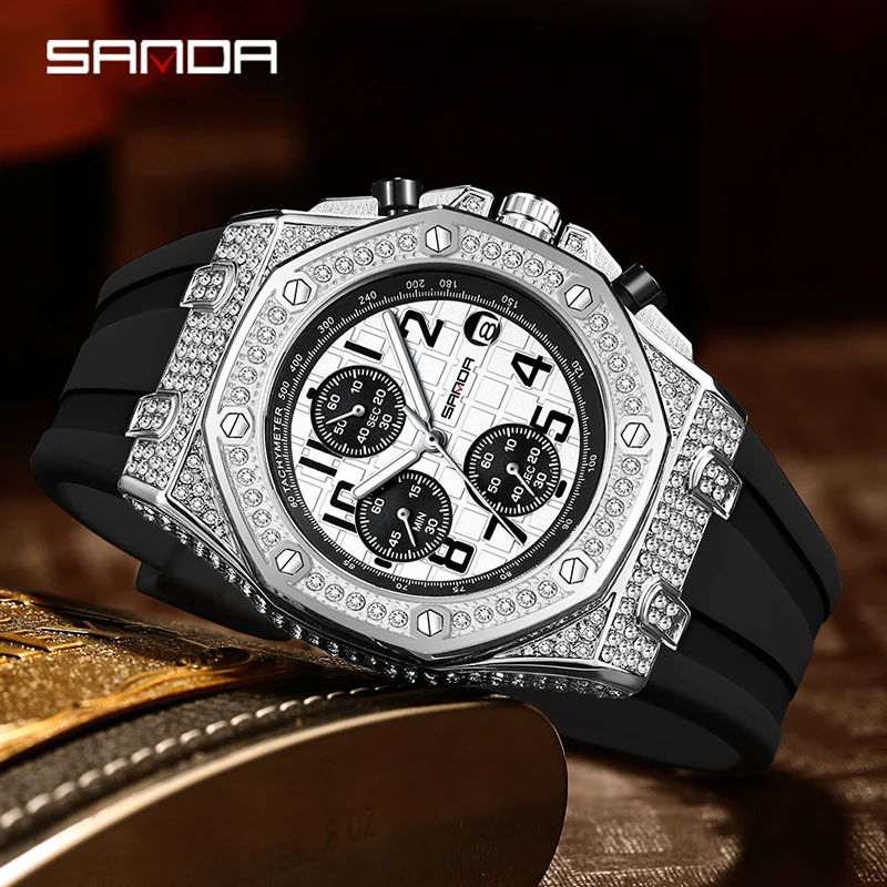 SANDA New Fashion Men\'s Quartz Watch Leisure Waterproof Luminous Date Display Silicone Strap Luxury Diamond Male Wrist Watches