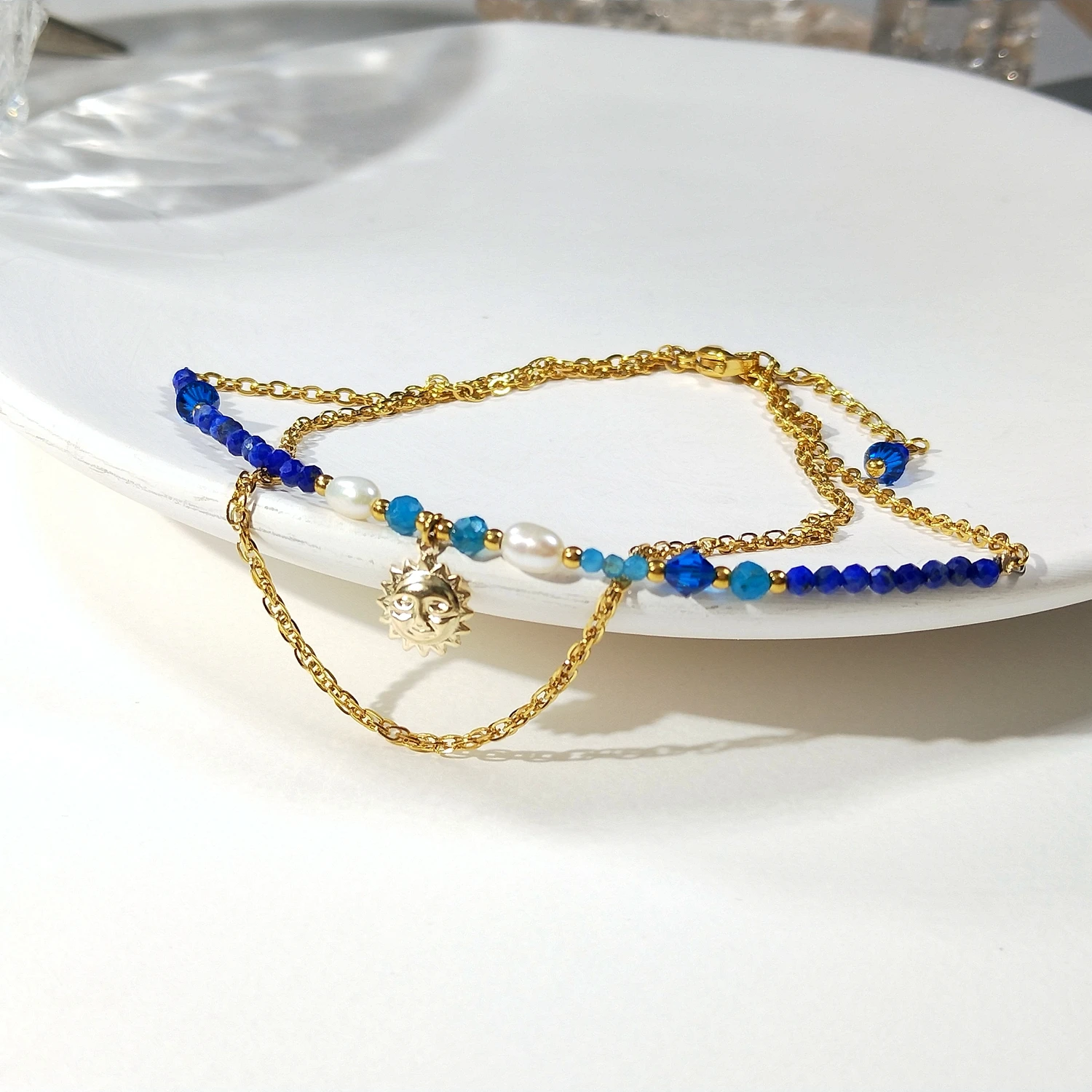 Lii Ji Natural Stone 2mm Sun Charm Double Layer Chain Anklet 24+3cm Gold Stainless Steel Handmade Bohe Fashion Jewelry