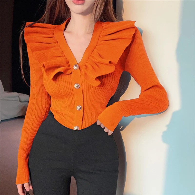 Ruffles V Neck Sweater Cardigan Women Full Sleeve High Stretch Knit Sweaters Shirts For Slim Girls Autumn Winter