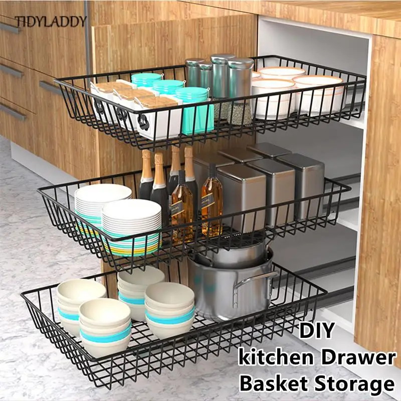 Diy Black Cupboard Basket Track Slide Rack Kitchen Organizer Storage Shelf Drawer Transformation Stainless Steel Basket