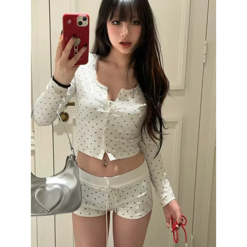 

Three-piece Set Women Y2k Aesthetic Kawaii Print Cropped Cardigan+Crop Vest+High Waist Shorts Drawstring Streetwear 2025 Outfits