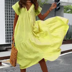 Fashion Tunic Midi Dress Women's Summer Sexy V Neck Ruffles Asymmetrical Sundress Vestidos Large Hem Maxi Dress for Beach