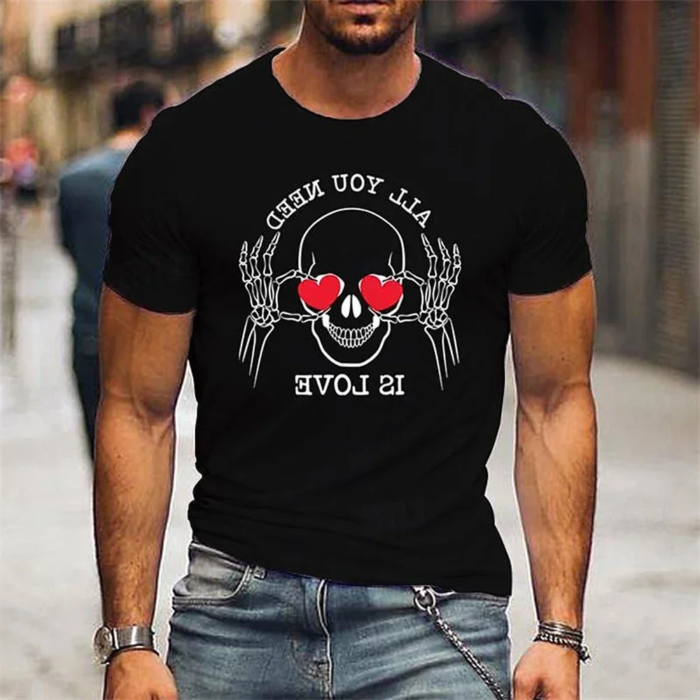 

New Men Fun Love Letter Skull Print T-Shirt Men's Comfortable Fashion Top Men's Street Casual Wear Men's Sports Fitness T-Shirt