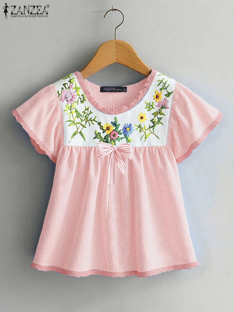 

ZANZEA O-Neck Floral Print Smock Tops Fashion Striped Short Sleeve Lace Trim Blusas Mujer 2025 Summer Woman Casual Blouses