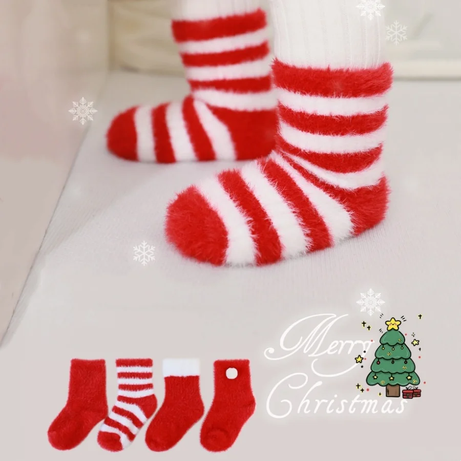 

Baby Coral Fleece Christmas Socks Red Festive New Year Socks For Girls Boys Winter Toddler Children's Thick Warm Plush Stockings