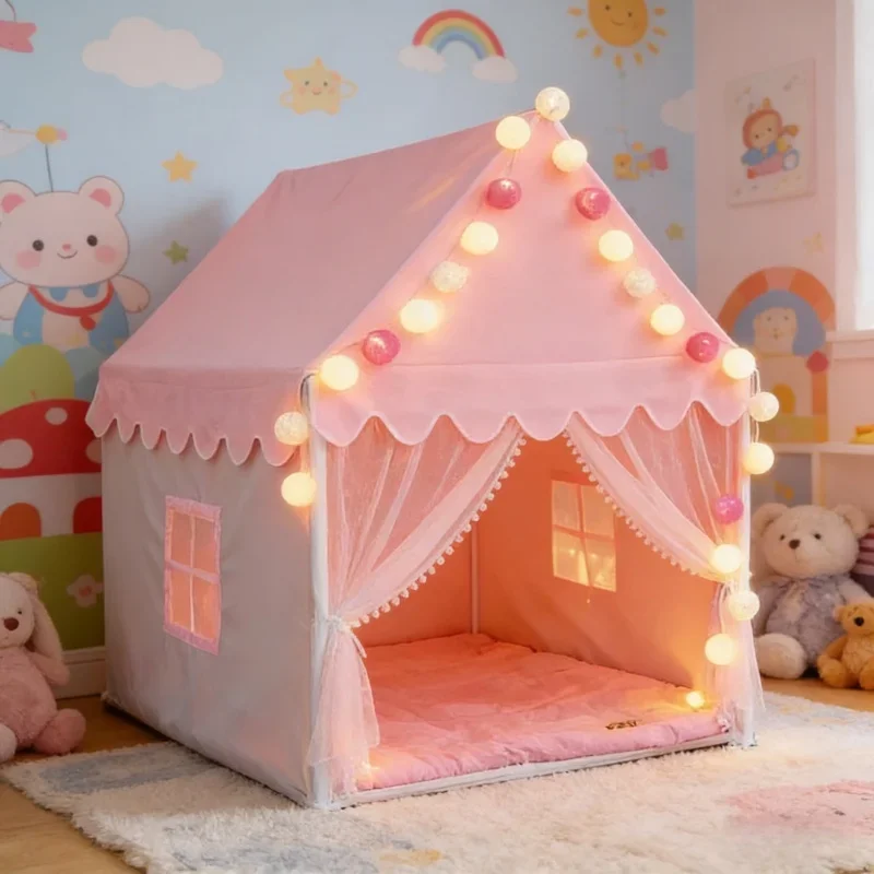 折りたたみ式ポータブル子供用ティピーテント-大型ピンクプリンセスパーティーキャッスル-女の子用プレイハウス-ベビー部屋の装飾-子供用ギフト-プレイ用品