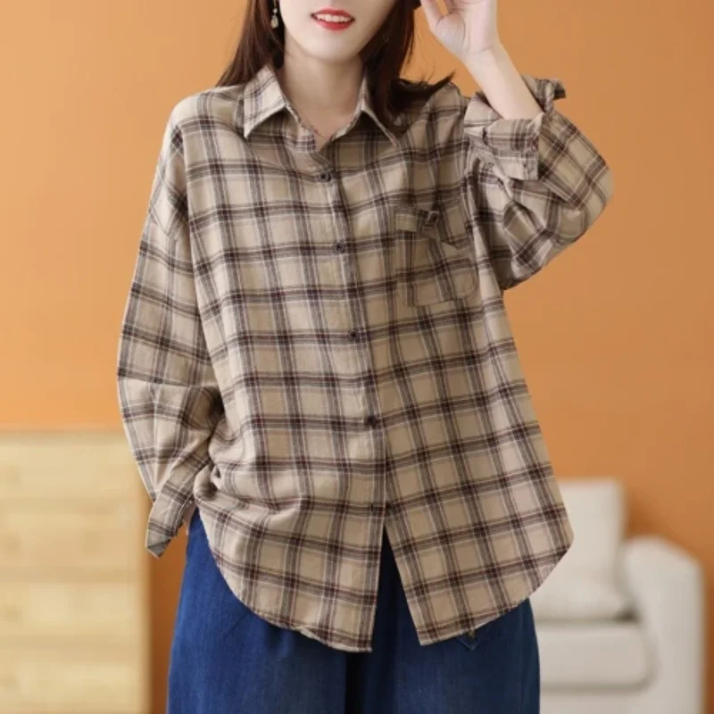 Women's New Spliced POLO Collar Button Plaid Fashion Loose and Versatile Casual Long-sleeved Shirt