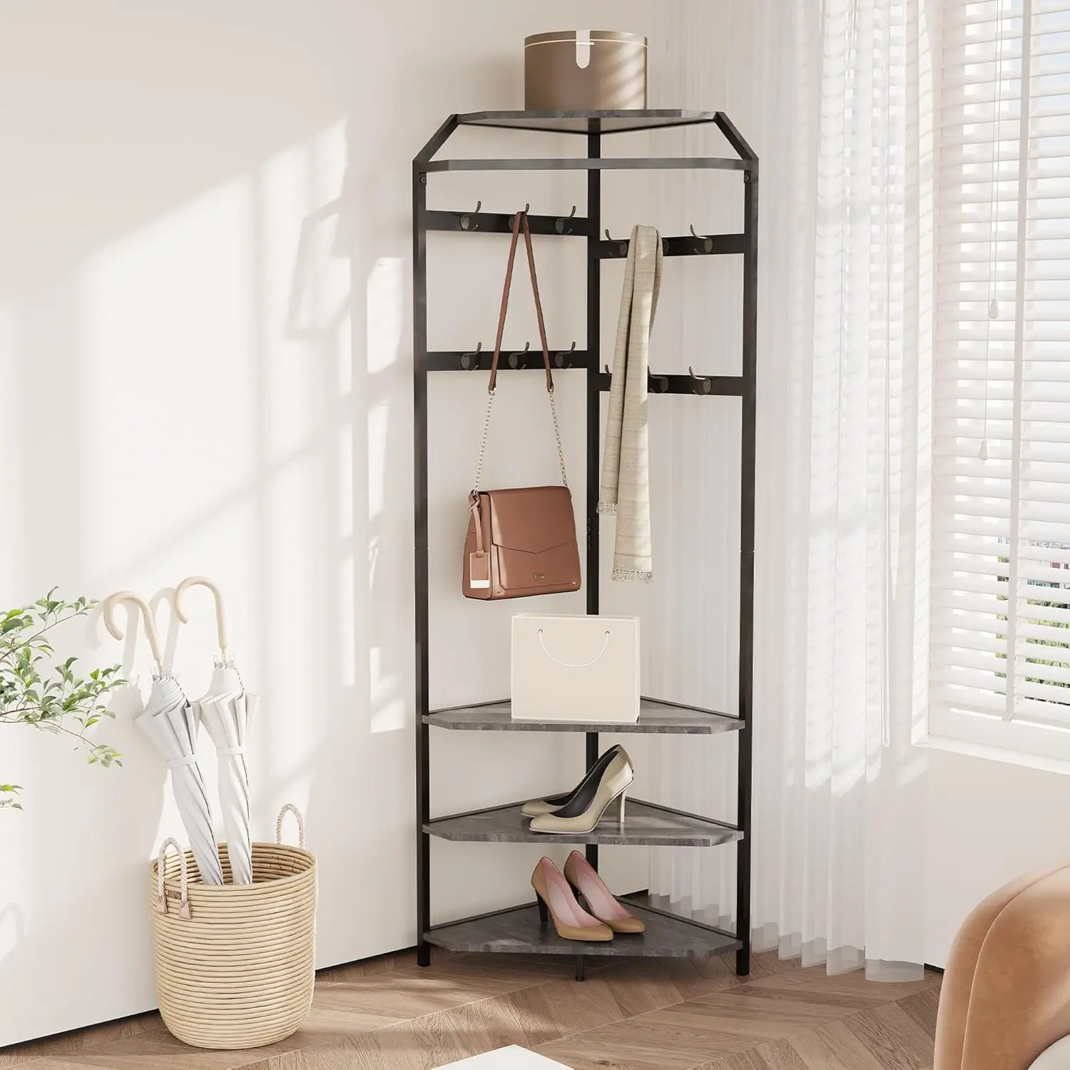 

Corner Hall Tree with Bench Freestanding Coat Rack with Shoe Storage 3-Tier Wooden Clothes Rack with 12 Hooks for Corner Hallway
