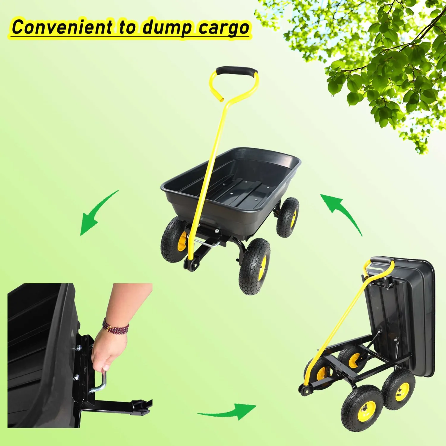 

Folding Poly Garden Dump Truck with Steel Frame, 10" Pneumatic Tires, 300 lb Capacity - 55L Black Body